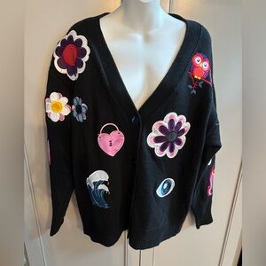 Cynthia Rowley Black Cardigan with Colorful patches. XS retail $445